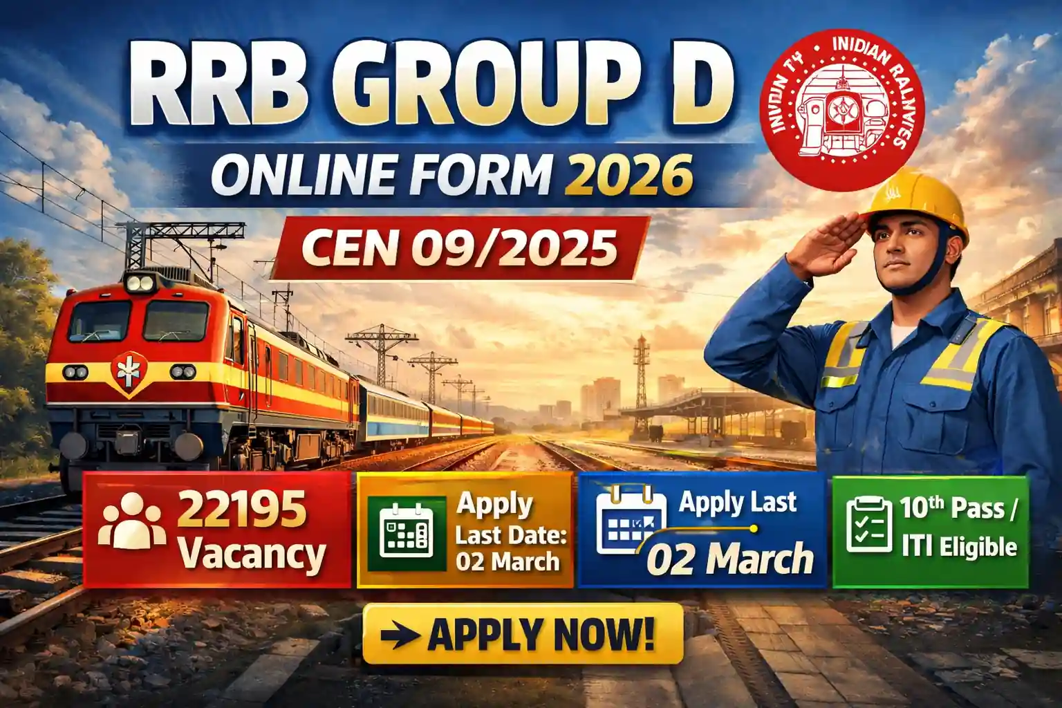 RRB Group D Online Form 2026 (CEN 09/2025) – 22195 vacancy, apply last date 02 March 2026